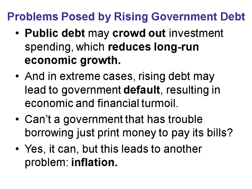 Problems Posed by Rising Government Debt Public debt may crowd out investment spending, which